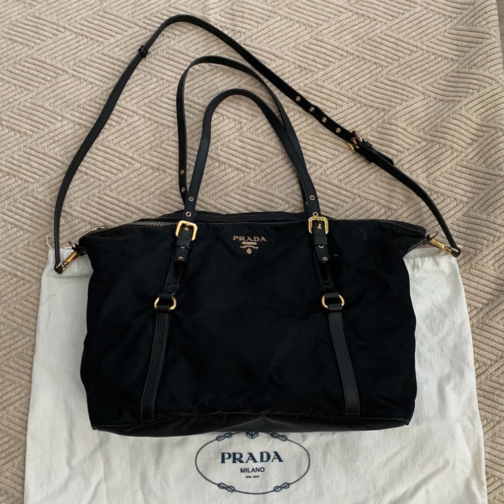 100% AUTHENTIC PRADA Tessuto Black Nylon Tote/ Shoulder/ Crossbody bag